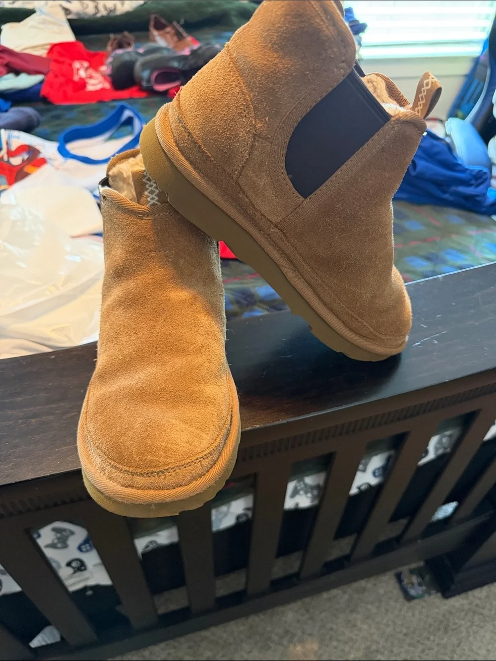 Kids Tan Suede Fleece-Lined Slip-On Boots